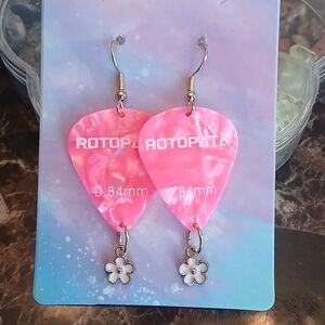 Pink Guitar Pick Earrings with Flower Charm